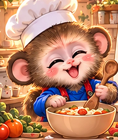 Cute monkey in a chef hat stirring a cooking bowl