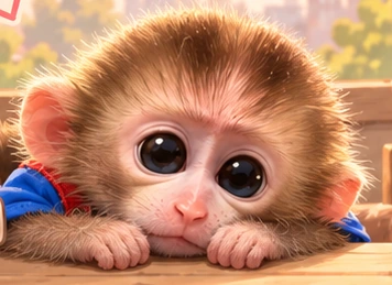 Fluffy monkey with big sad eyes looking up